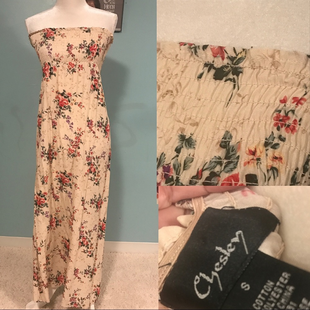 Chesley Beige Flower Printed Strapless Long Dress